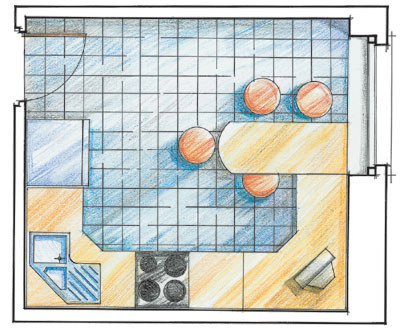 Przykład rozmieszczenia mebli i wyposażenia na rysunku kuchennym.