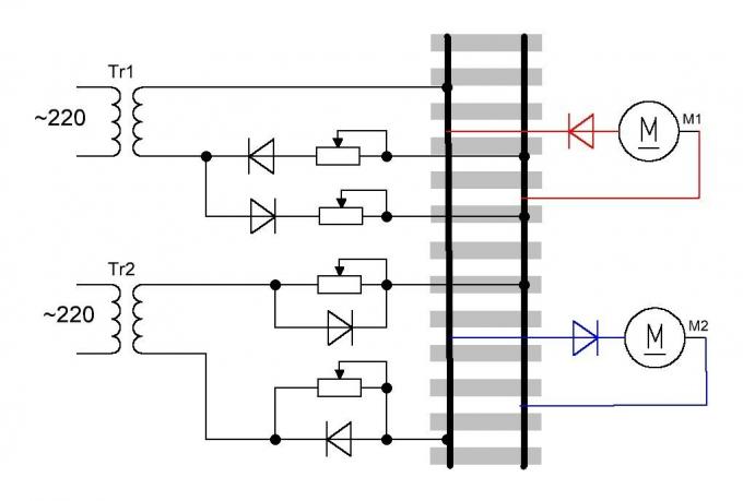 Obwód kontrolkę prosty dwa silniki prądu stałego z tej samej linii zasilania
