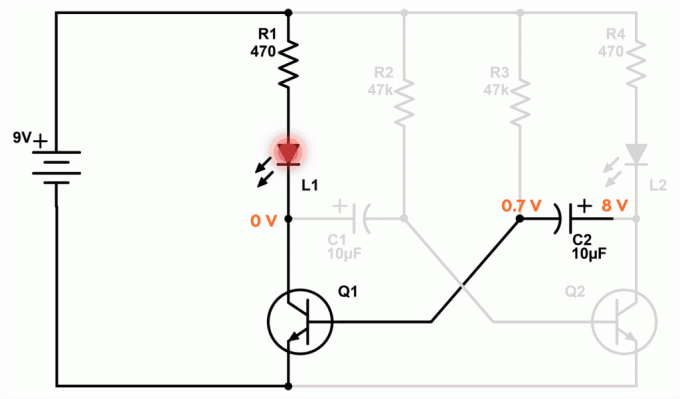 Od napięcie kondensatora C2 szybko osiąga 7-8, gdy diody LED po lewej stronie.