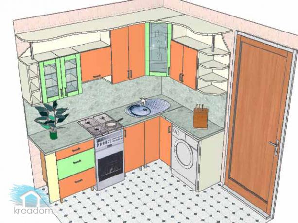 Szkoła renowacji kuchni przedstawia jedną z opcji aranżacji artystycznej tego pomieszczenia z proponowaną dekoracją ścian i podłogi, a także z typowym układem elementów wyposażenia wnętrz