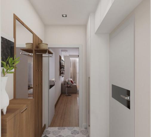 Przedpokój w małym mieszkaniu o powierzchni mniejszej niż trzydzieści metrów kwadratowych.