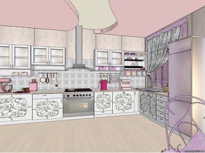 Design - projekt w stylu shabby - chic: kuchnia w szaro-fioletowej tonacji.