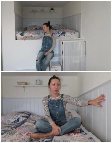 Na wysokim podium w niszy utworzonej dziewczyna zrobiła prawdziwą sypialnię. | Zdjęcie: youtube.com.