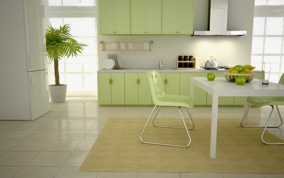 Biała tapeta do zielonej kuchni, korzystnie podkreśli delikatność jasnych odcieni zieleni