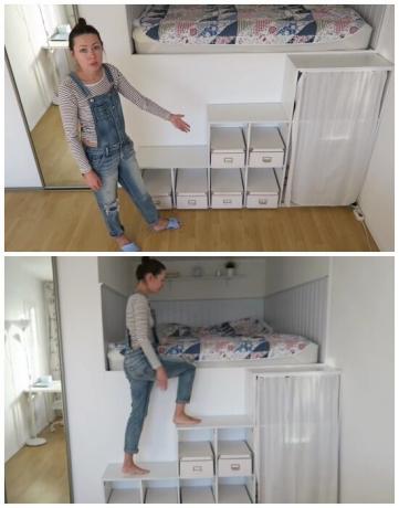 Aby dostać się do konieczności prowizoryczny sypialni wspinać się po schodach, półki. | Zdjęcie: youtube.com.