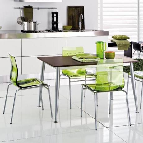 Jasne detale do przekształcania wnętrza - zielone krzesła do kuchni, kolorowe naczynia 